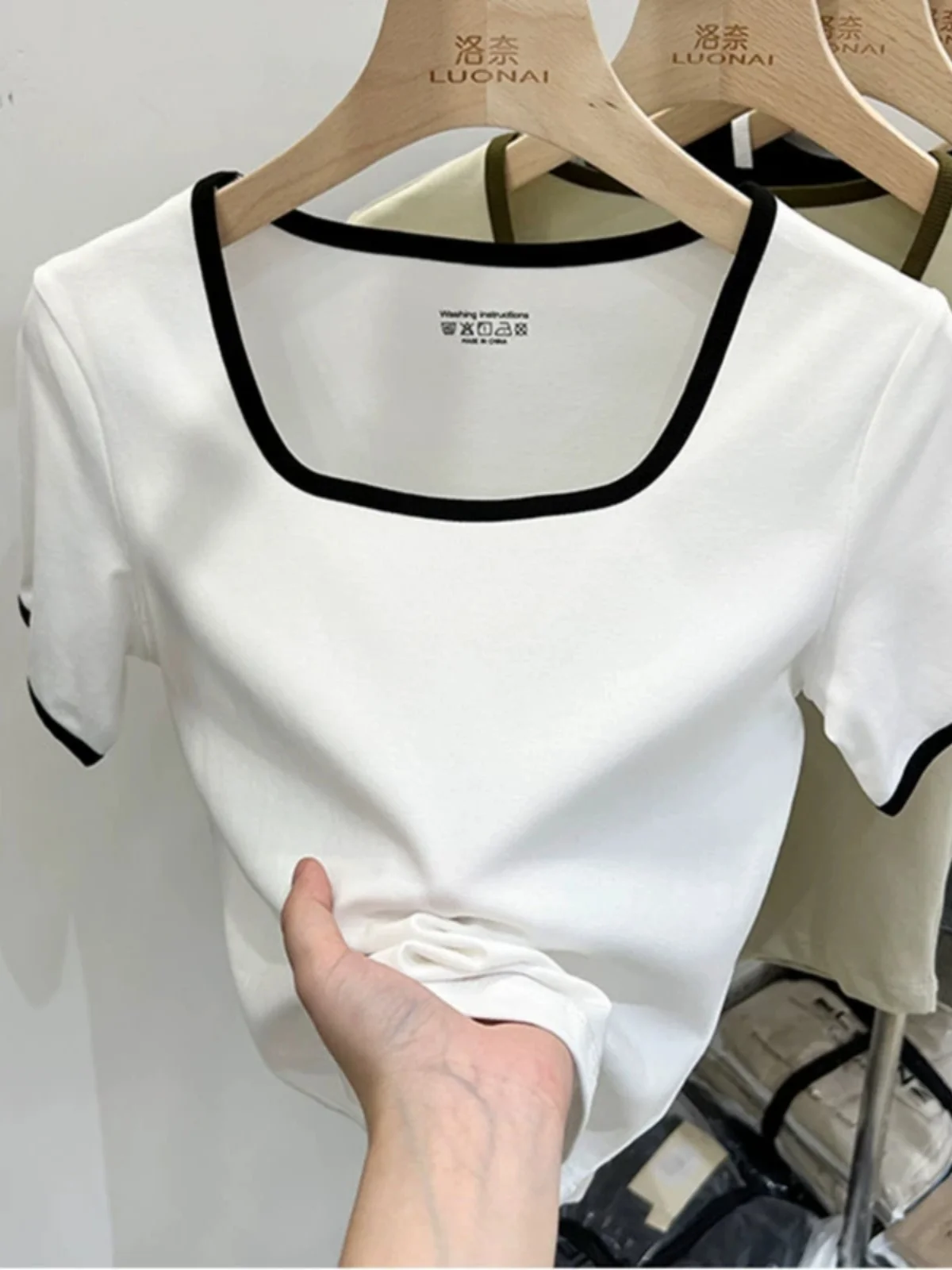 

Elegant Square Collar Short Sleeve Women's T-Shirt Bodycon Summer Fashion Top Unique Design Korean Style High Waist T-Shirt