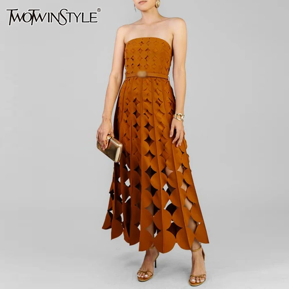 

TWOTWINSTYLE однотонные утягивающие ажурные модные платья для женщин без бретелек без рукавов лоскутное платье с волнистыми точками женская одежда