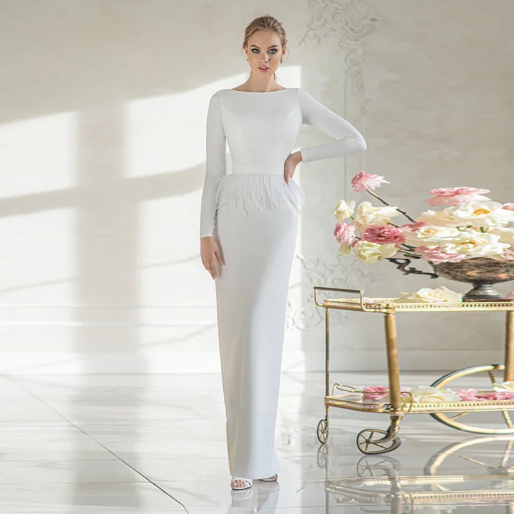 White Sheath Floor Length Wedding Dress Muslim Long Sleeve Scoop Neck With Feather Sashes Civil Engagement Bridal Gown For Bride