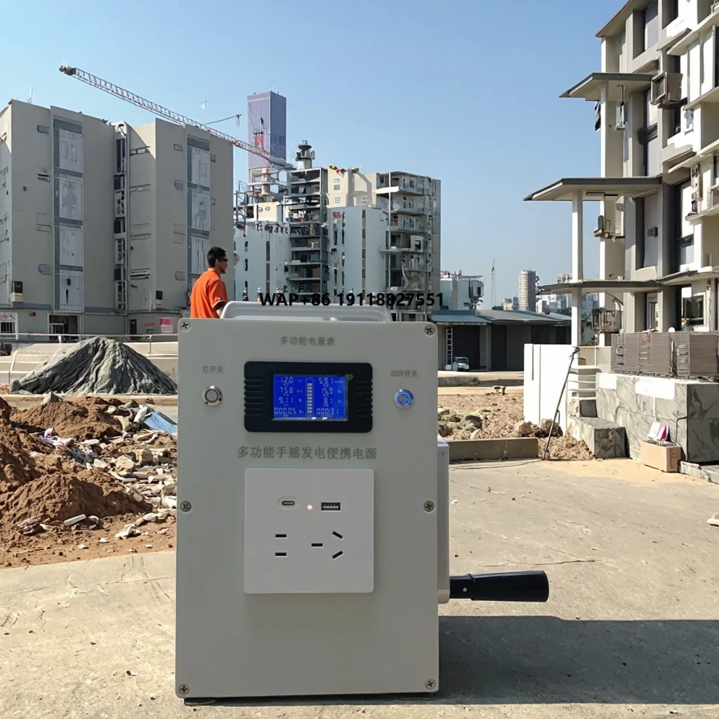 

Durable hand-cranked solar panel generators for temporary supply to construction sites support small power tool operation
