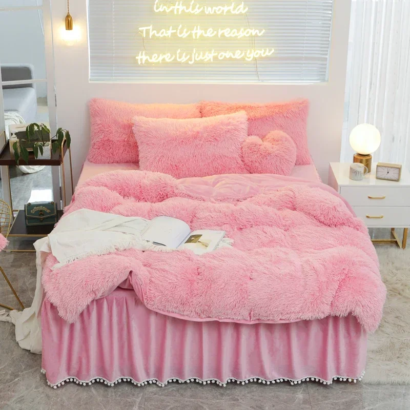 Luxury Pure Color Plush Shaggy Warm Fleece Girl Bedding Set Mink Velvet Double Duvet Cover Set Bed Skirt Pillowcase Home Textile