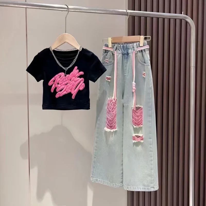 

Children's 3D Graffiti Short Sleeve + Colorful Denim Ripped Pants Set Children's Suit, Girls' Set