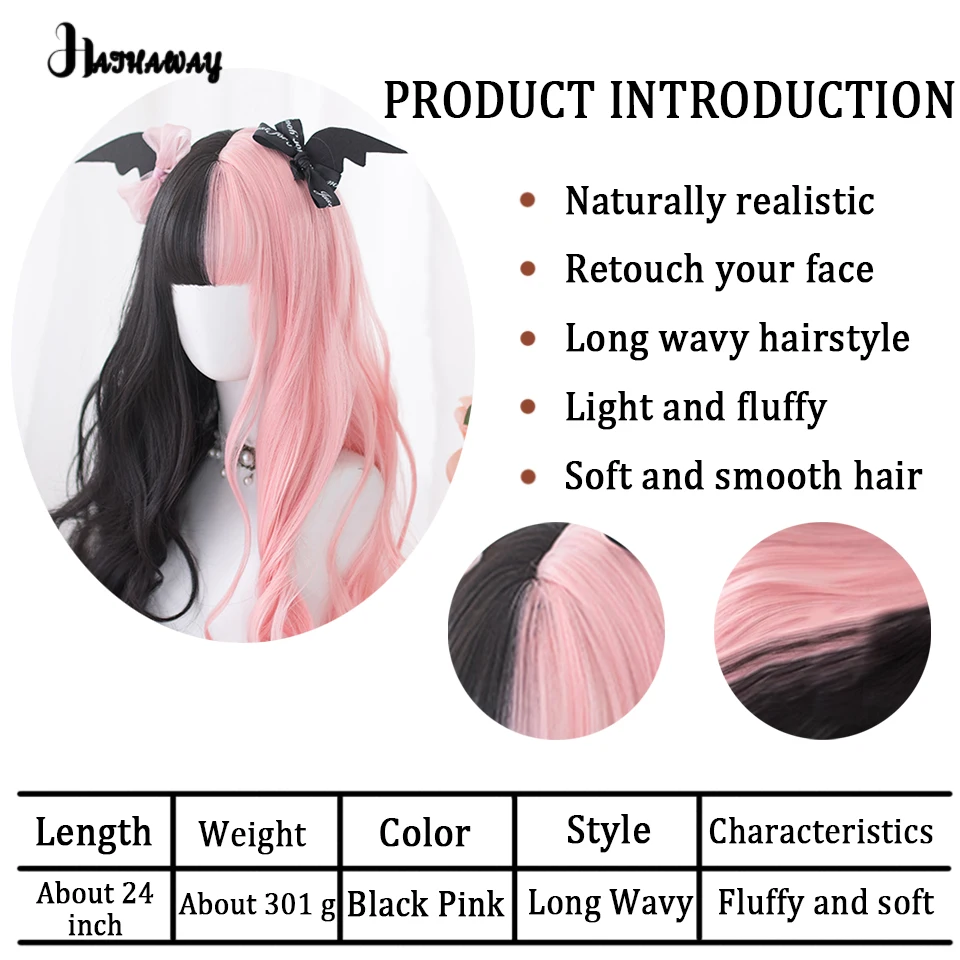 Rambut palsu keriting panjang 24 inci rambut hitam sintetis wanita rambut palsu yang cocok stroberi Muffin Lolita Cosplay pakaian pesta Halloween sehari-hari