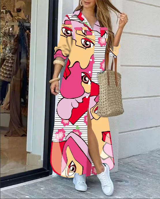 Faionable Long Sve Floral Print Dr Women's Long Dr Spring Autumn New Sle Ele Classy Maxi Dr Polyester Fiber