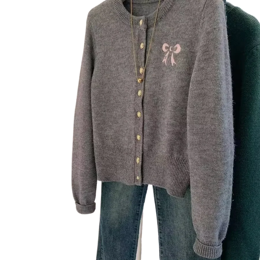 

Womens Knit Cardigan Bowknot Embroidered Sweater