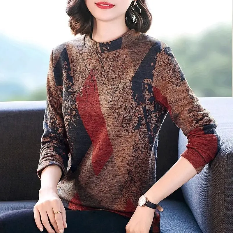 Women\'s Round Neck T-shirt 2023 Autumn and Winter Fashion Contrast Color Printed Argyle Loose Fitting Long Sleeved Pullover Tops