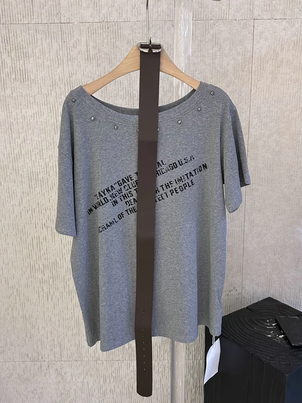 

American Sweet Cool Style Shoulder Letter Print Top Loose Rivet Decoration Belted Short Sleeve T-Shirt Women Spring Summer