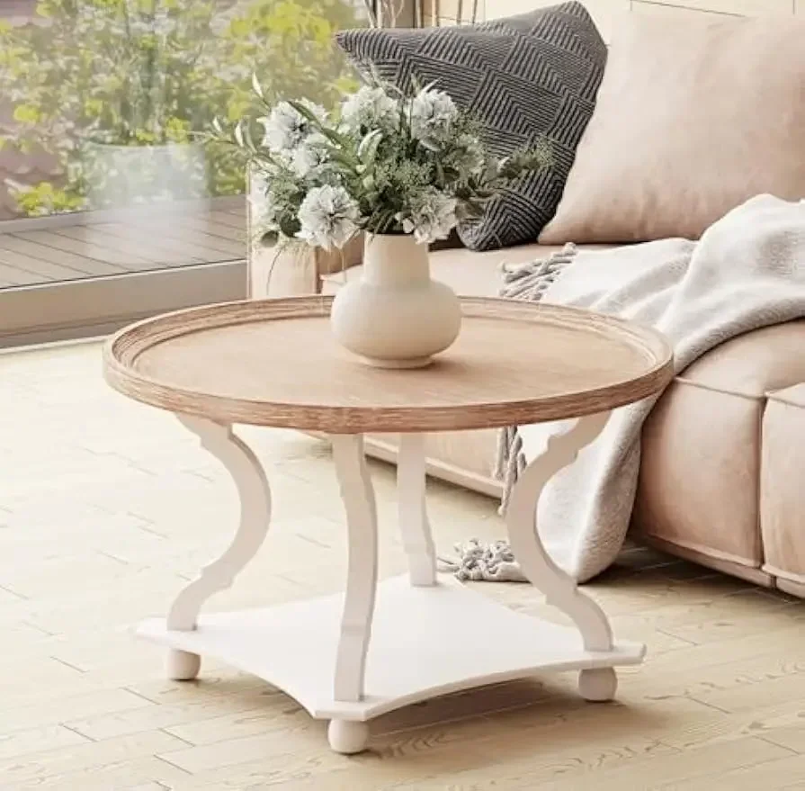 

Round Farmhouse Coffee Table with Handmade Finish, Wood Tray Top Rustic Coffee Table for Added Thickness, Accent Table