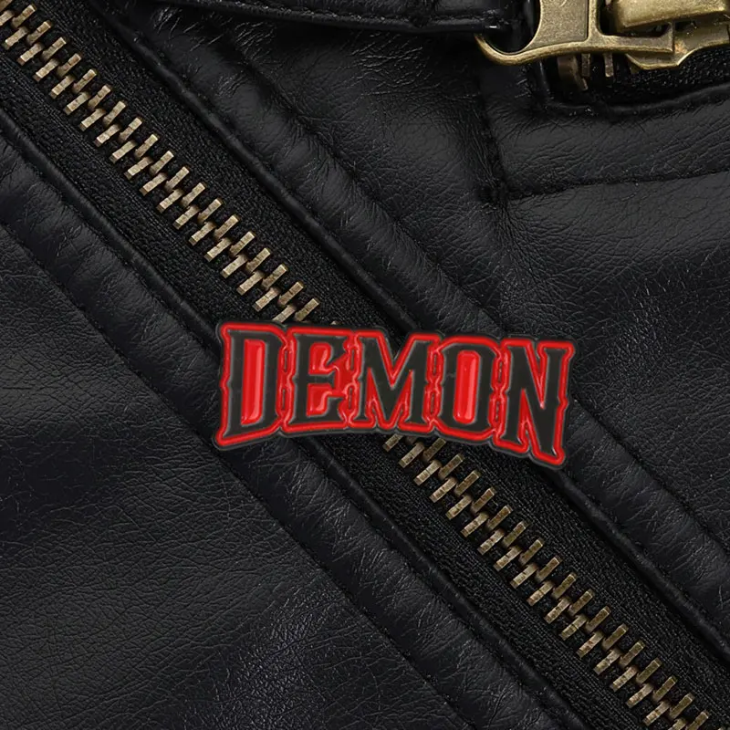 Curved DEMON Enamel Pin Heavy Metal Gothic Brooch Black Red Lettering for Men Women Streetwear Jacket Backpack