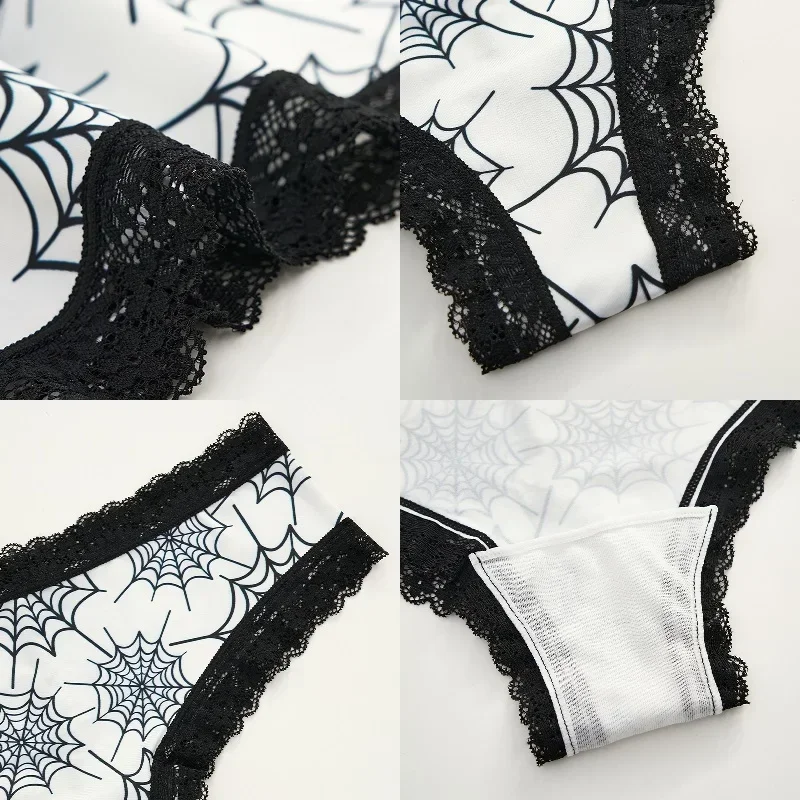 3pcs Underwear Women\'s Sexy Lace Rose Print Edge Dark Gothic Style Skull Personalized Comfortable Breathable Triangle Pants
