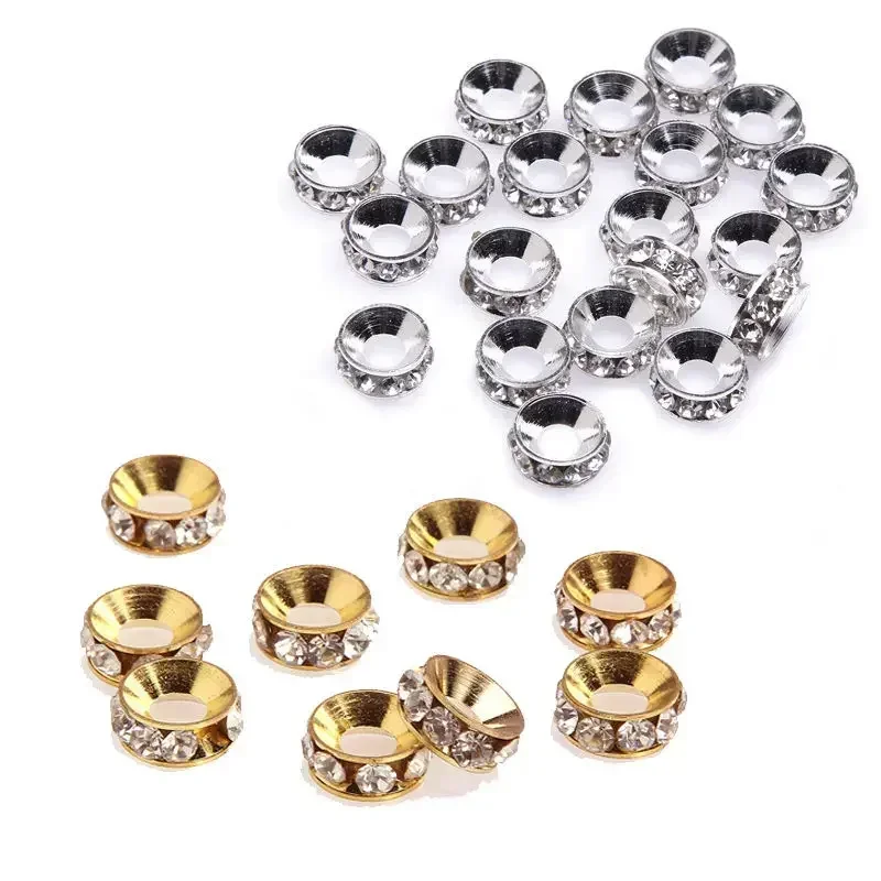 20pcs Metal Rondelle Rhinestone Crystal Spacer Beads 10mm Big Hole European Charms Fit DIY Bracelet Jewelry