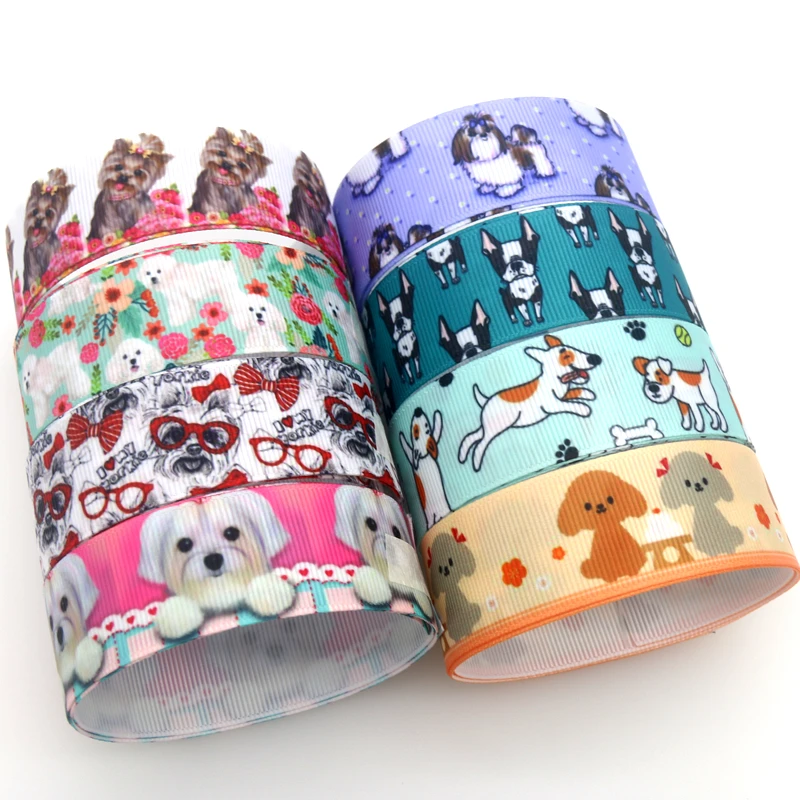 DHK 50yards Bichon Frise Poodle Dog Printed Grosgrain Ribbon Accessory Hairbow Headwear Decoration DIY Wholesale OEM S1643