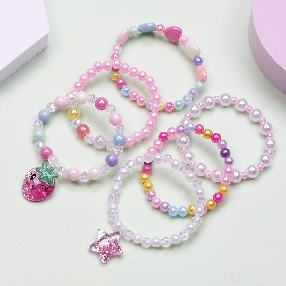 6pcs/set Bracelet Party Bracelets Star Heart Candy Color Beads Children Kids Beads Bracelets Rings Set for Girls Gift