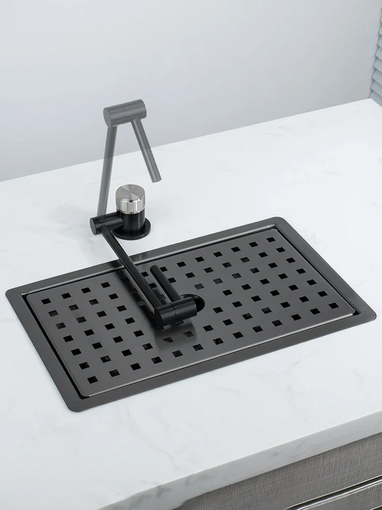 Black Nano Rectangular Stainless Steel Small Water Channel Middle Island Counter Bar Kitchen Tea Room Sink Mini Single Sink