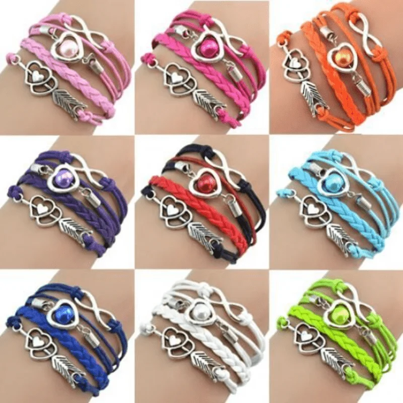 5Pcs Cupid Arrow Stackable PU Leather Bracelet Stackable Hand Jewelry Decor For Women Love Heart Pearl Antique Charm Bracelet
