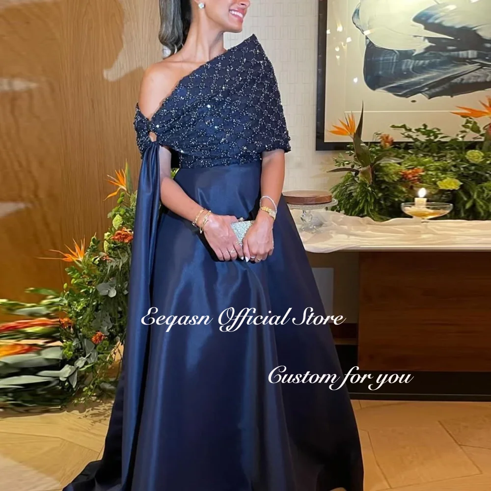 Luxury A-line Navy Blue Party Womens Dresses Satin Robe De Soiree Femmes Beaded Shawl Formal Dress Evening Woman Customized