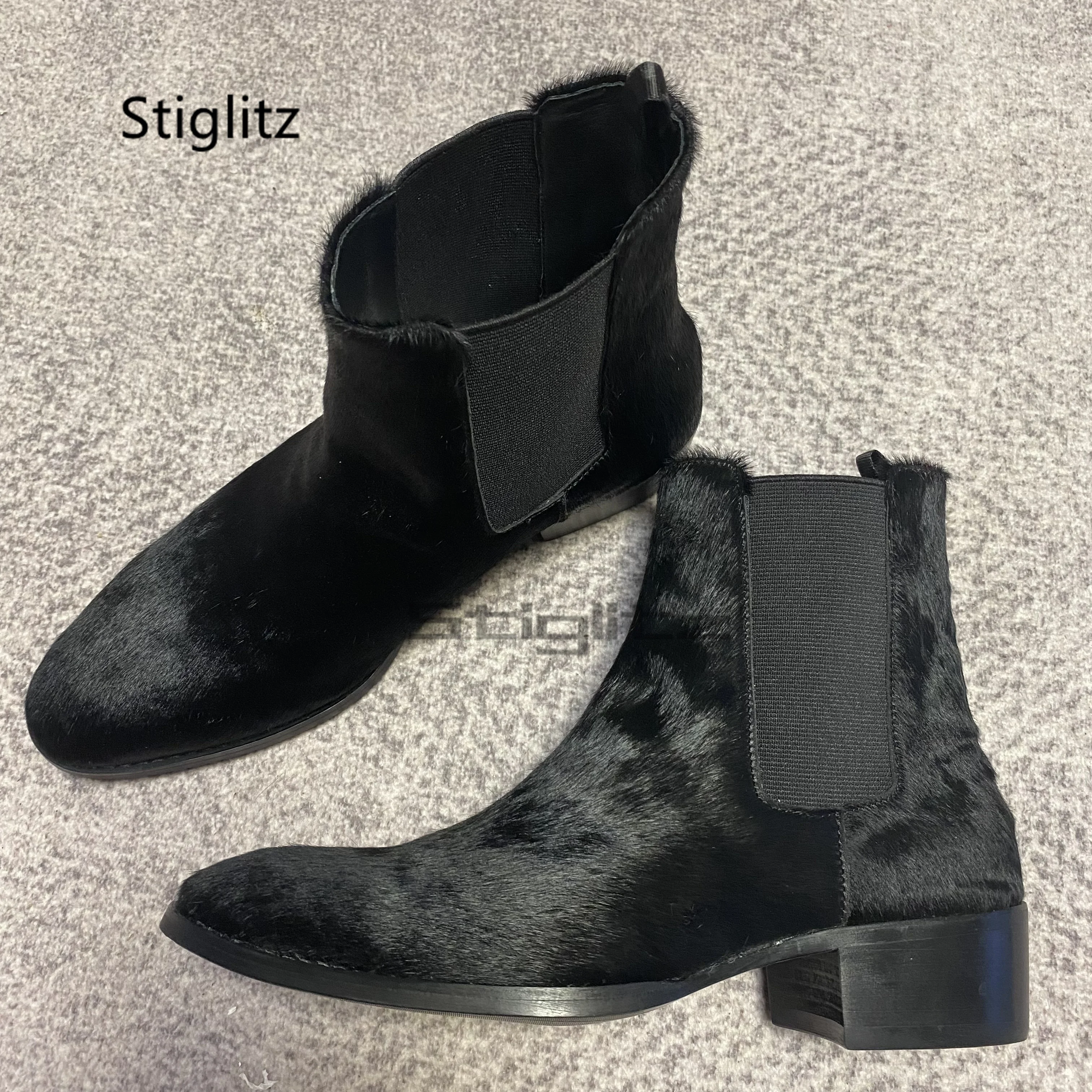 

Black Horsehair Chelsea Boots for Men Pointed Toe Slip On Low Heels Stretch Ankle Boots Business Casual British Style Male Shoes