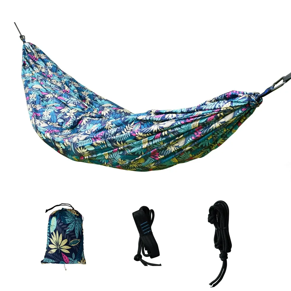 

Nylon Portable Camping Hammock, Double Blue Leaf Print, Assembled Dimensions 124"L x 78"W