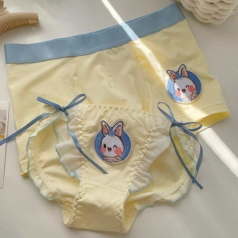 

Милое нижнее белье для пар с героями мультфильмов, хлопковая выпуклая сумка, мужские шорты-боксеры, милые женские кружевные бандажные трусики, комплекты сексуального нижнего белья для пар