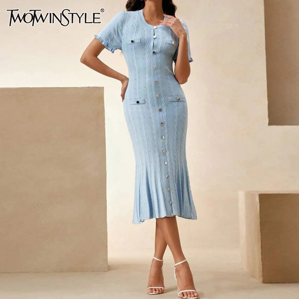 

TWOTWINSTYLE Solid Slimming Elegant Knitted Dresses for Women Round Neck Short Sleeves Spliced Single Breasted Long Dress Female