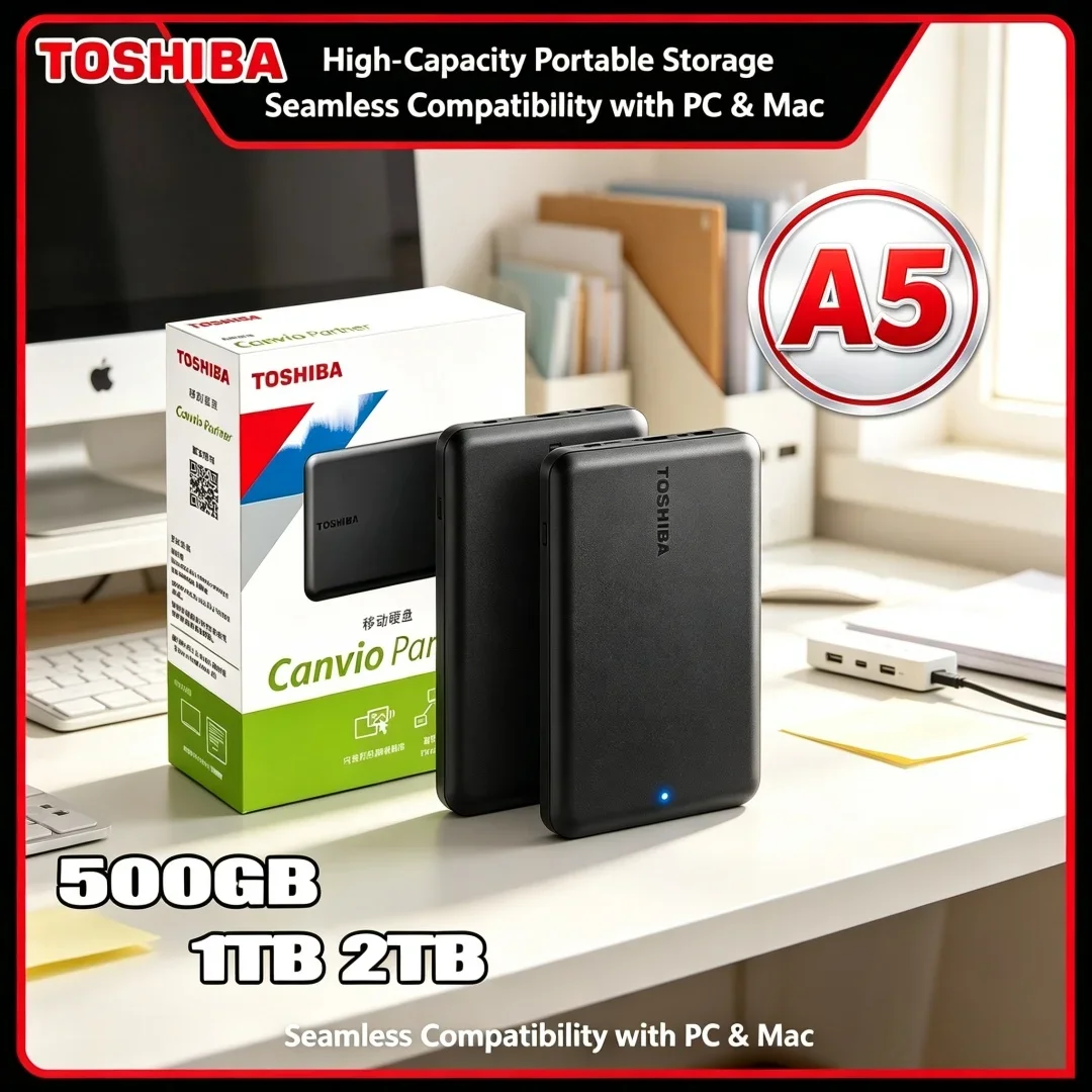 Small Black Toshiba A5 Series Portable Hard Drive High-Speed USB 3.2 Gen1 500GB/1TB/2TB/4TB Compatible With Mac