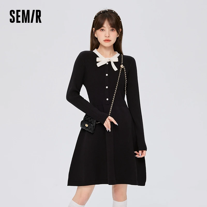 Semir Dress Women Bow Contrasted Color Bottoming Dress Elegant 2023 Winter Temperament Slim Knitted Dress