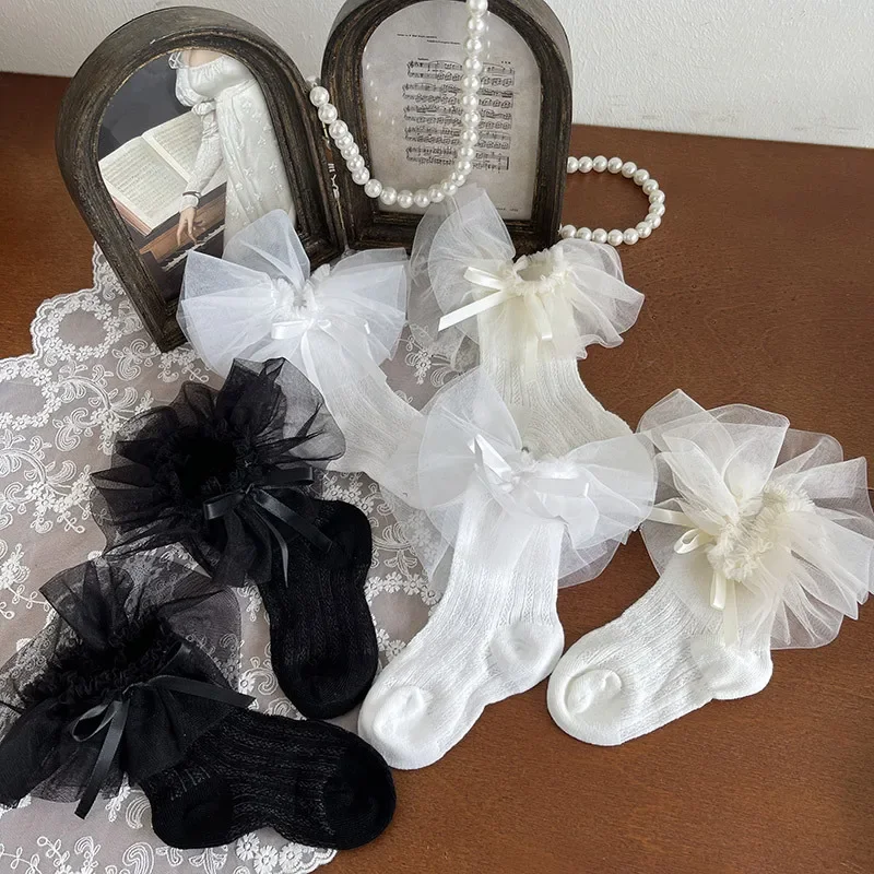 Childrens Stitch Socks Girls Princess Tulle Bow Lace Ruffle Socks Cotton 1-11Y Kids Spring Anti-slip Short Sock