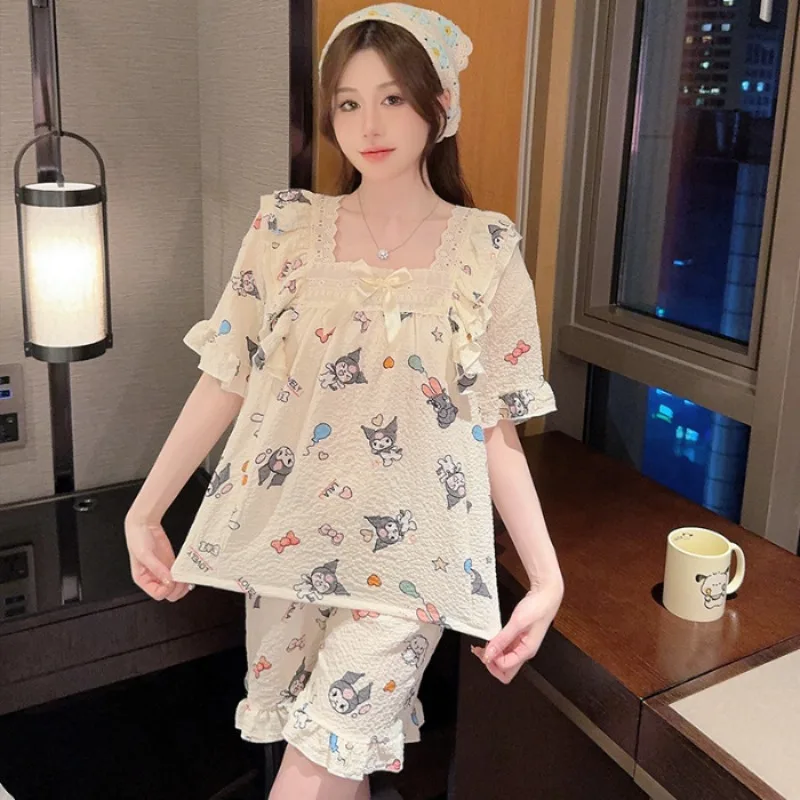 5XL Plus Size Women Summer Pajamas Short Sleeve Two-Piece Pj Sets Sleepwear Korean Style Loose Loungewear Button Down Homewear