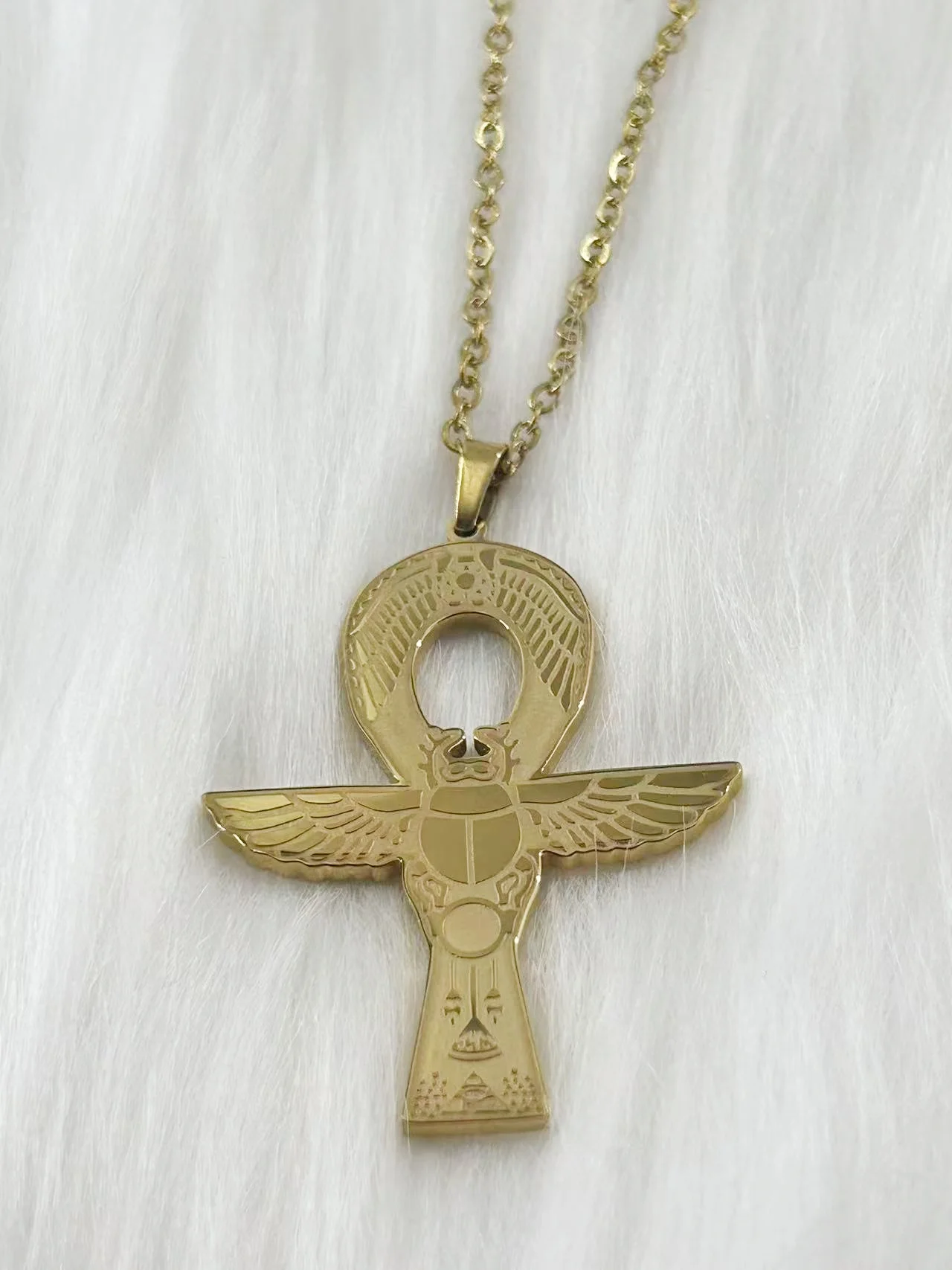WOUWU  Scarab Pendant Necklace  Ancient Egyptian Ankh Cross  Stainless Steel Turquoise Scarab Chain  Personality Jewelry Gift