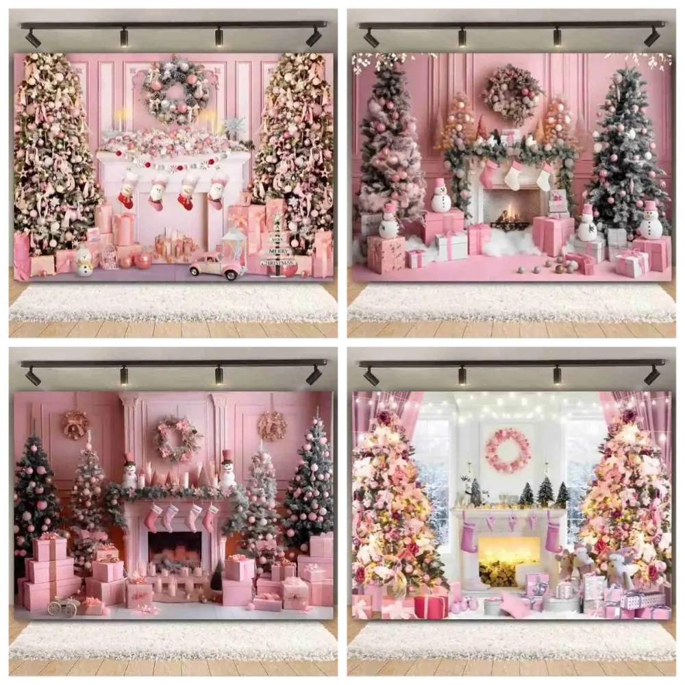 

Pink Christmas banner photography background, fireplace Christmas tree gift snowman family party decoration photography Backdrop