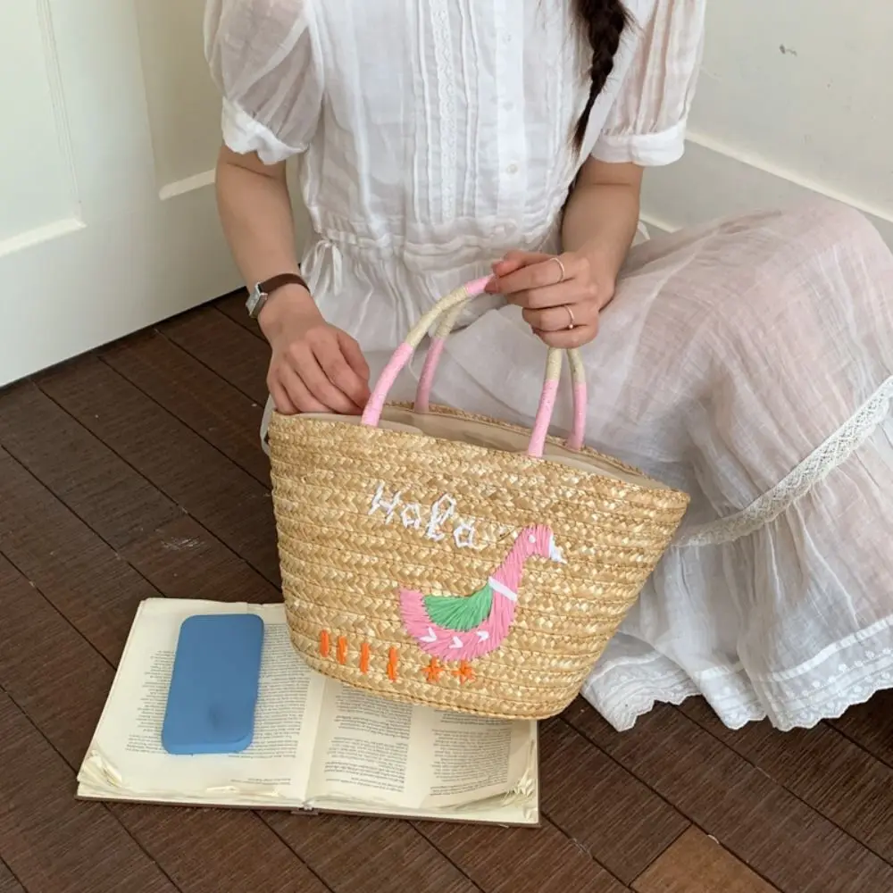 

Large Capacity Coconut Tree Embroidery Straw Bag Embroidered Duck Grass Summer Beach Bag Simple Fashion Weave Tote Bag Women
