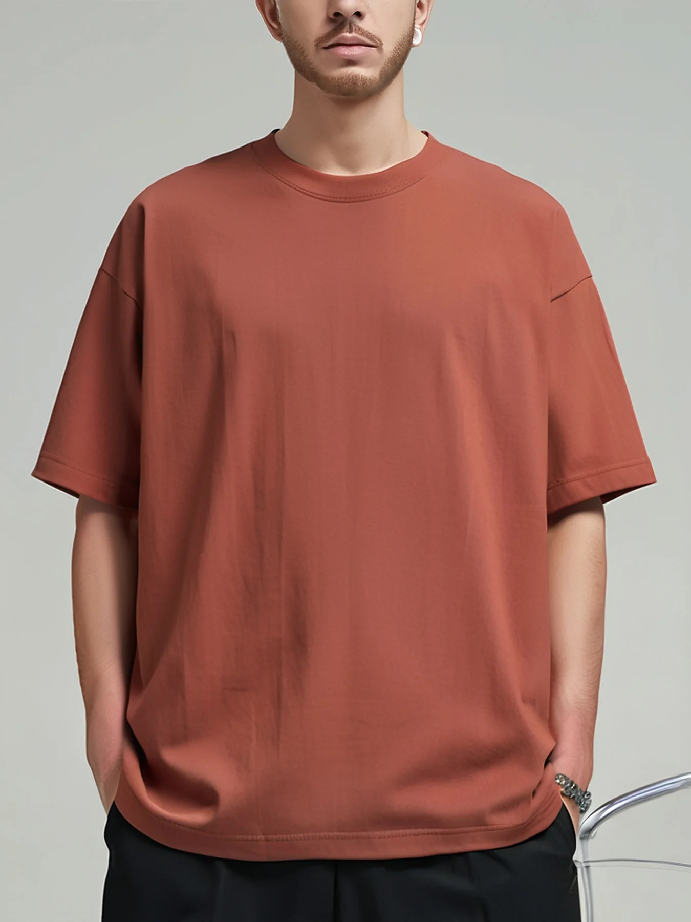 9.17oz 260Grams Seamless Straight Cotton T-shirt Men Oversized Loose Solid Color Drop Shoulder Short Sleeve  Summer