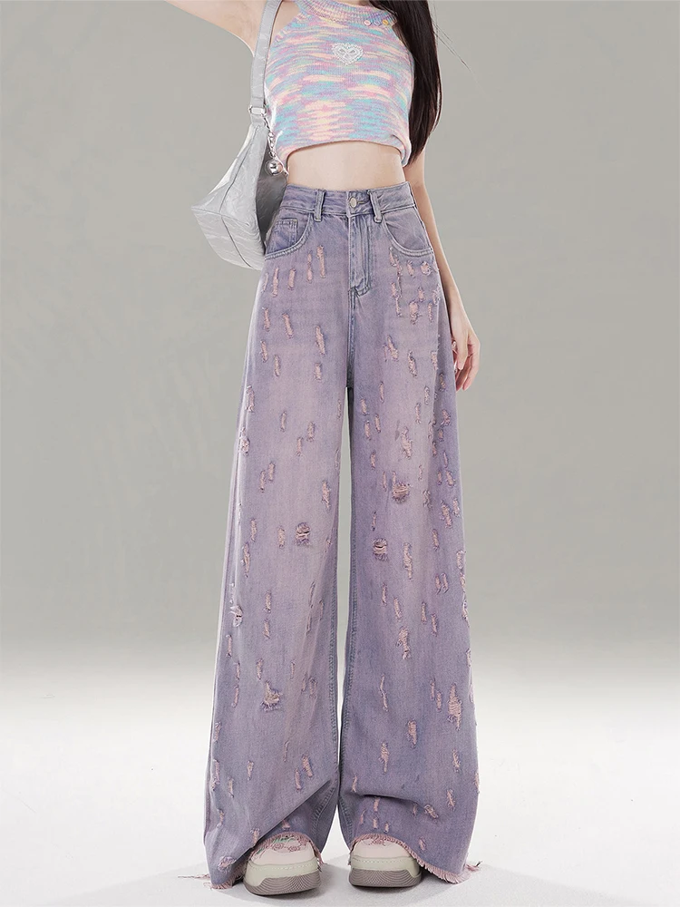 Retro Gentle Purple Denim Ripped Pants Female Daily Out Casual All-matched Trousers High Waist Wide Leg Straight Jean Pants