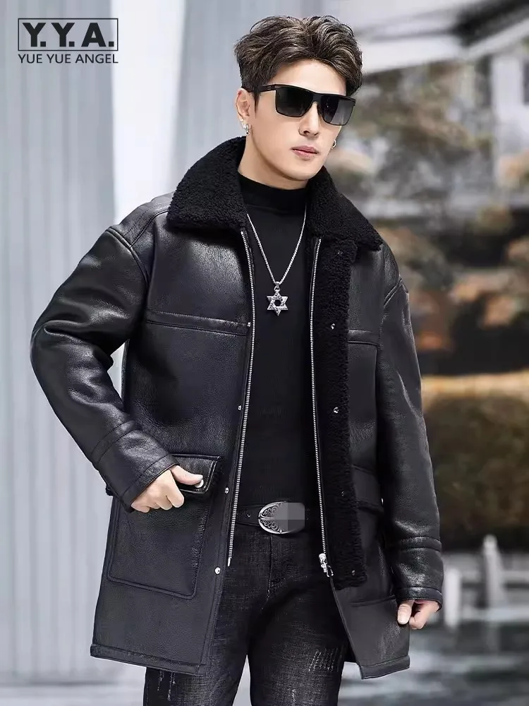 

High Quality Mens Real Fur Shearling Coat Reversible Slim Fit Fashion Middle Long Warm Winter Thicken Men Genuine Leather Jacket