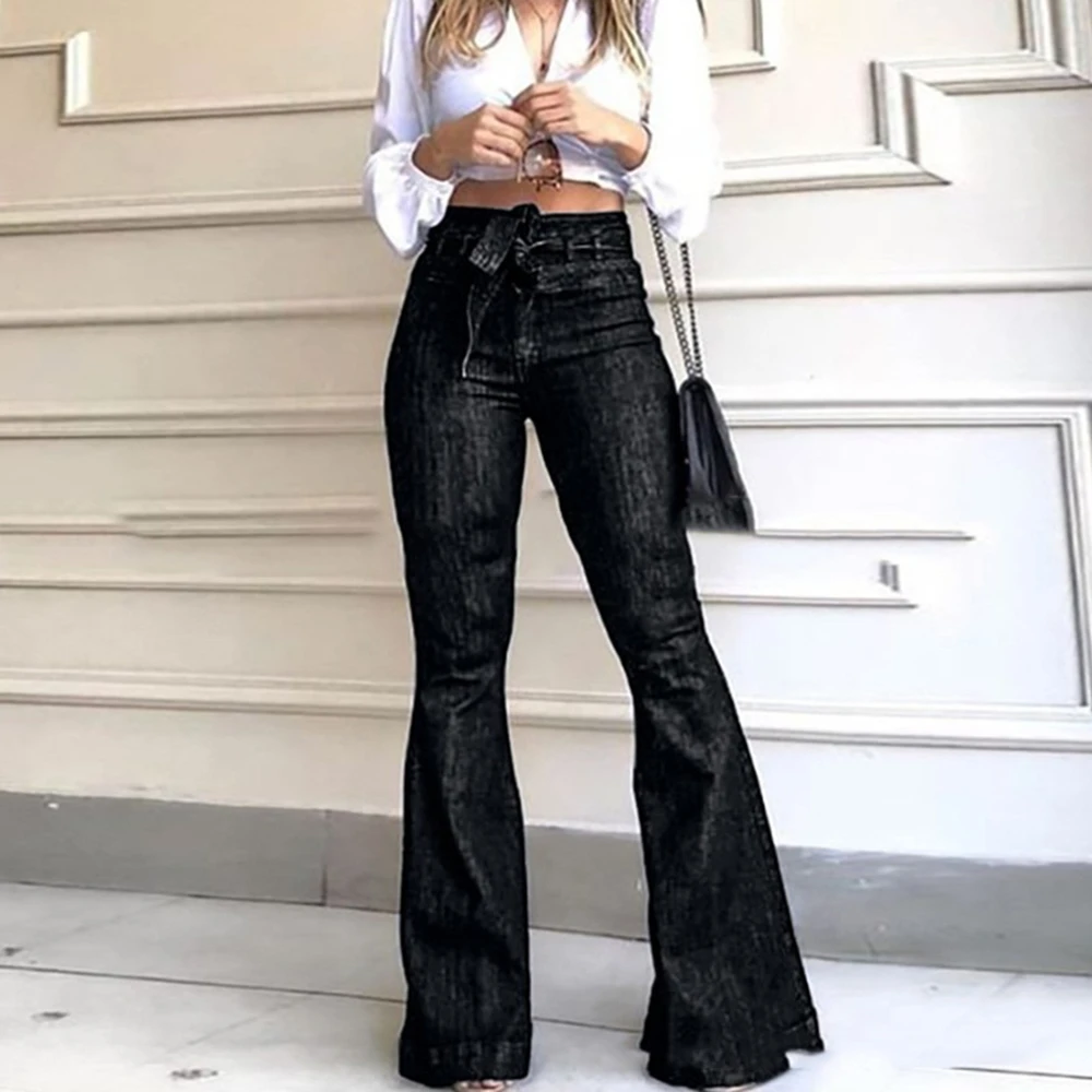 Womens Flared Jeans Denim Pants Zipper Floor Length Streetwear Work Elegant Office Lady Slight Strech Belt High Waisted Jeans