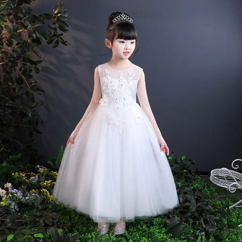 Summer Flower Girl Dresses for Weddings Floor-length Birthday Party First Communion Ceremonies Flowers Tulle White Pink Gown