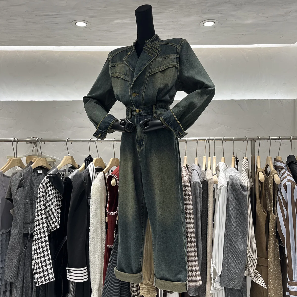 Novo ibcyx americano sle cintura alta emagrecimento denim macacão calças compridas v-ne retro ele faionable algodão workwear