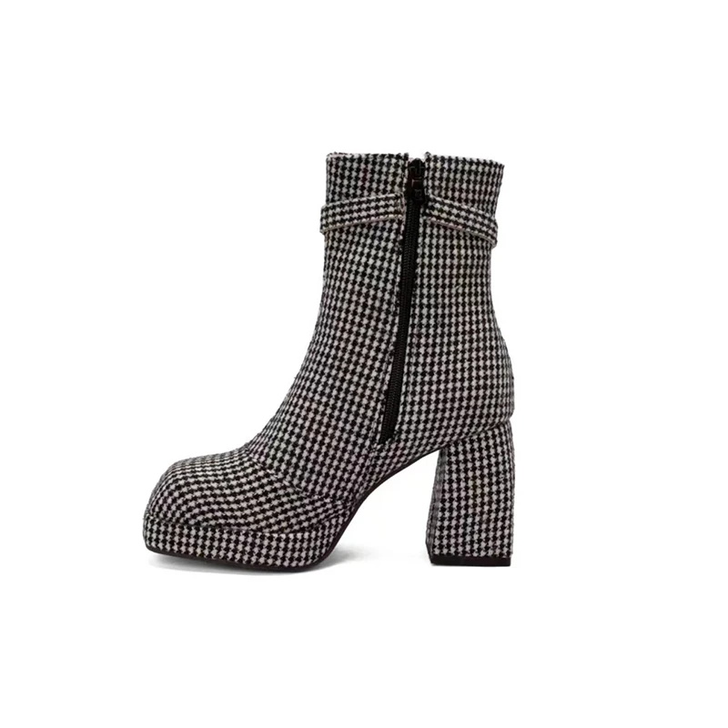 Square Toe Super High Profiled Thick Heel Turned-Over Edge Women's Ankle Boots Plaid Short Plush Lining Winter Short-Top Shoes