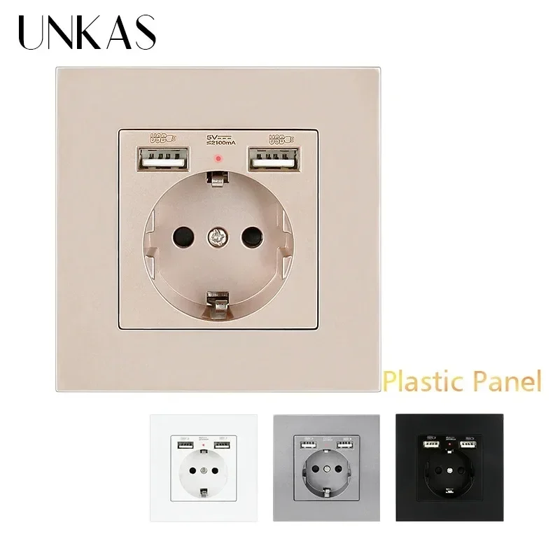 

UNKAS ЕС Испания Россия Пластиковая панель пламени ПК Двойной USB-порт Серый настенный держатель розетки с заземлением и быстрым зарядным устройством для телефона