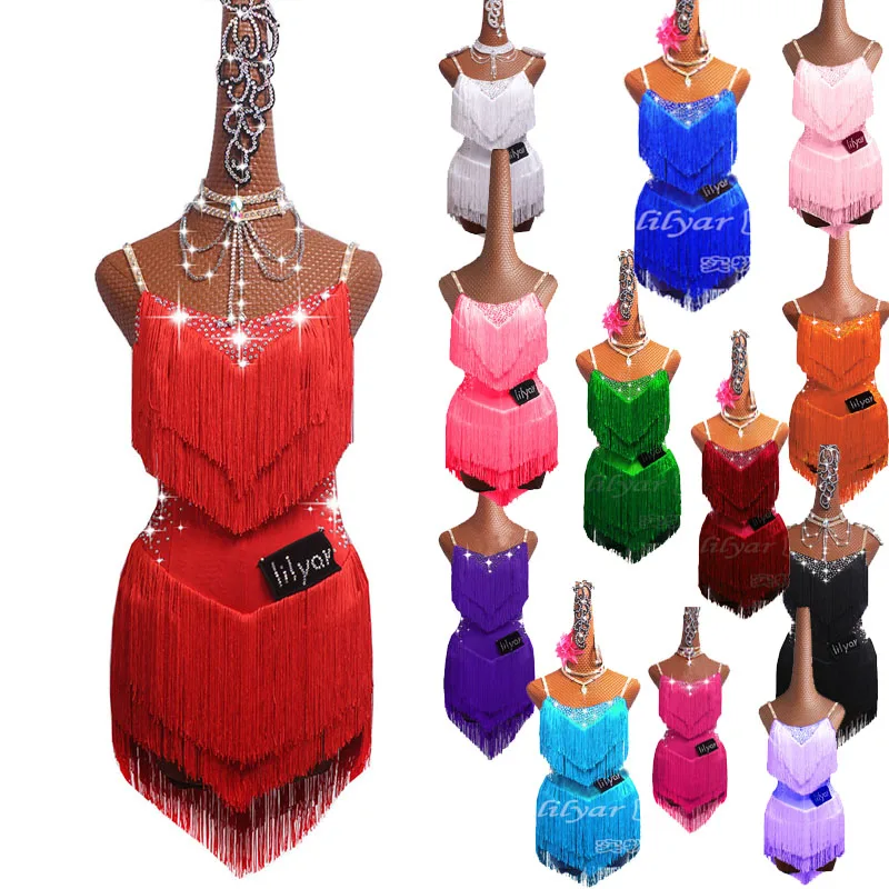 Vestido de Dança Latina para Adultos e Crianças, Trajes de Competição, Saia Performance, Strass Performing, Borla, Várias cores, Vermelho, Branco