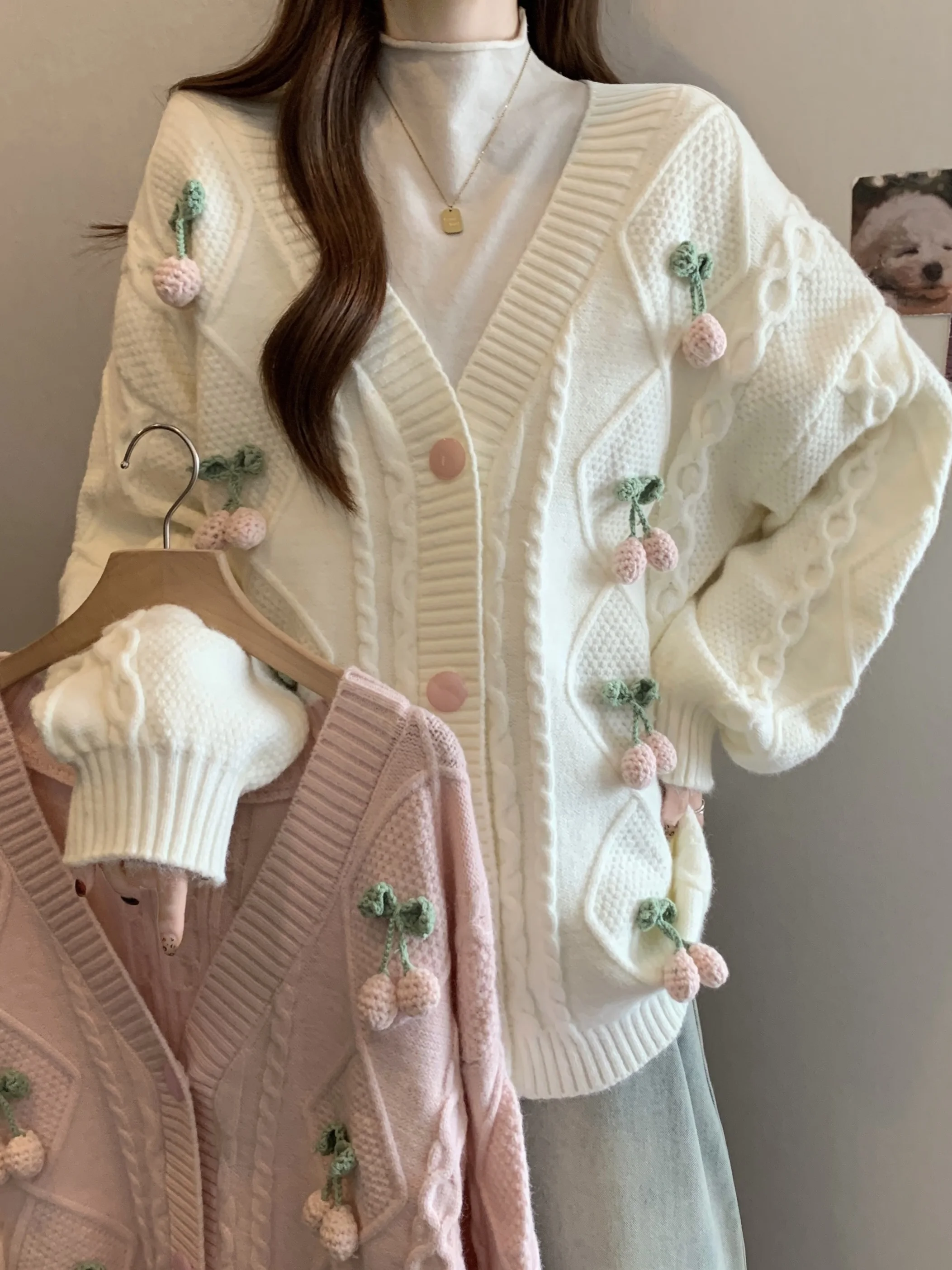 

Adorable Stberry Patterned Sweater Coat Sweet Anti-Aging Loose Lazy Sle Knitted Outerwear for Women Autumn Winter New Ar...