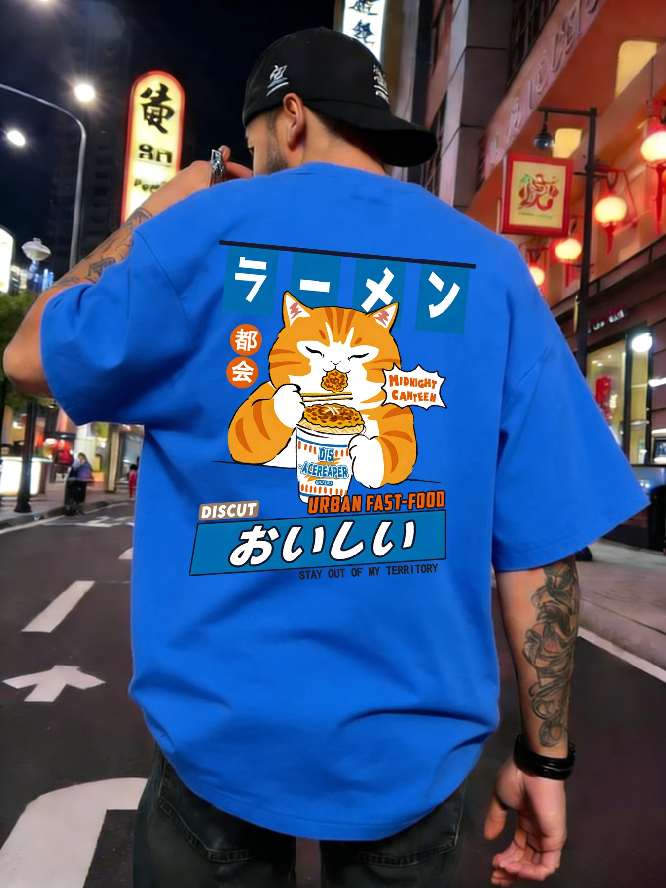 Cat Enjoying Instant Noodles Print Mens Retro T Shirts All-Match Loose T-Shirt Casual Soft Short Sleeve Cotton Summer Streetwear