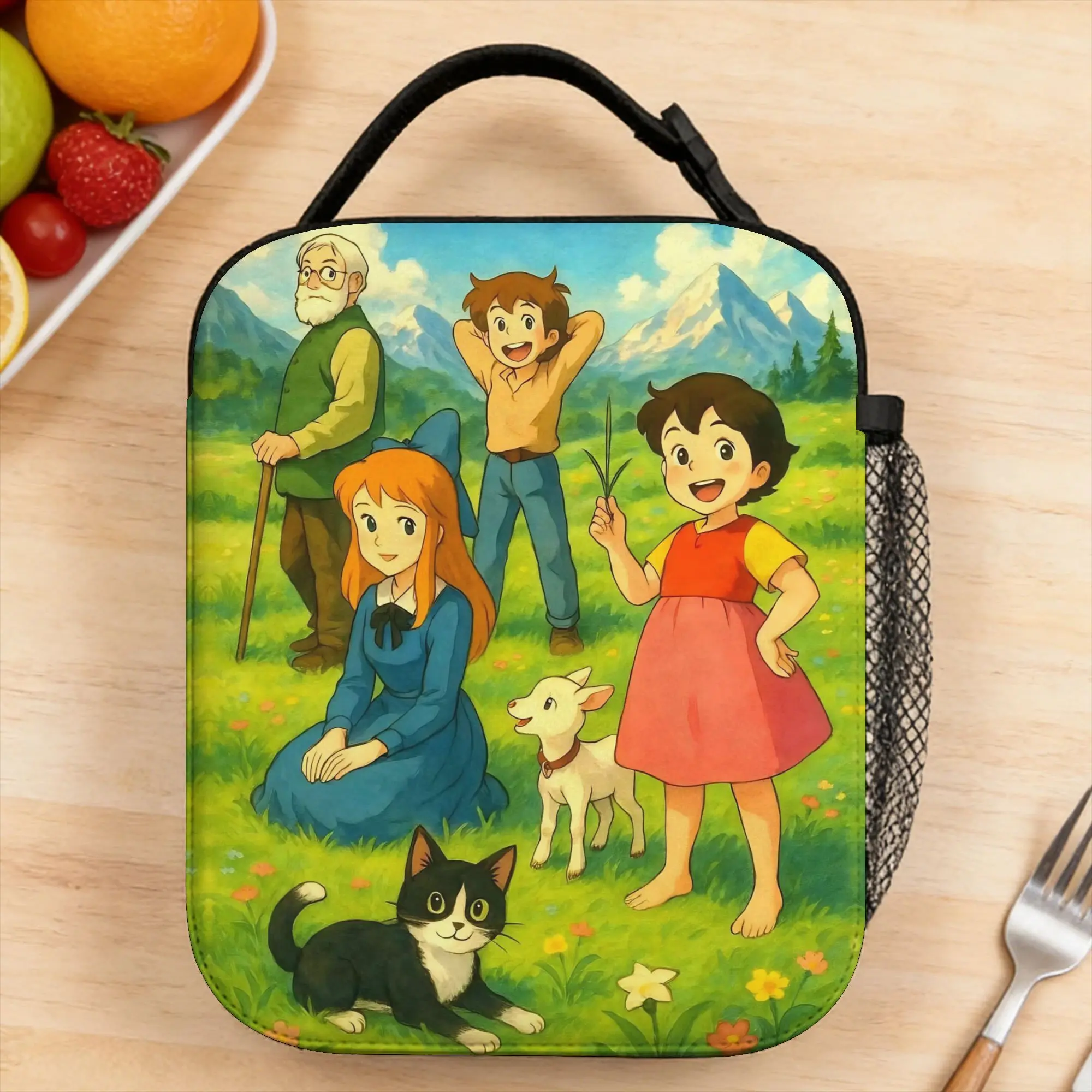 Heidi with Group in Alpine Countryside Lunch Bag Fashion Picnic Lunch Box Print Portable Tote Food Bags