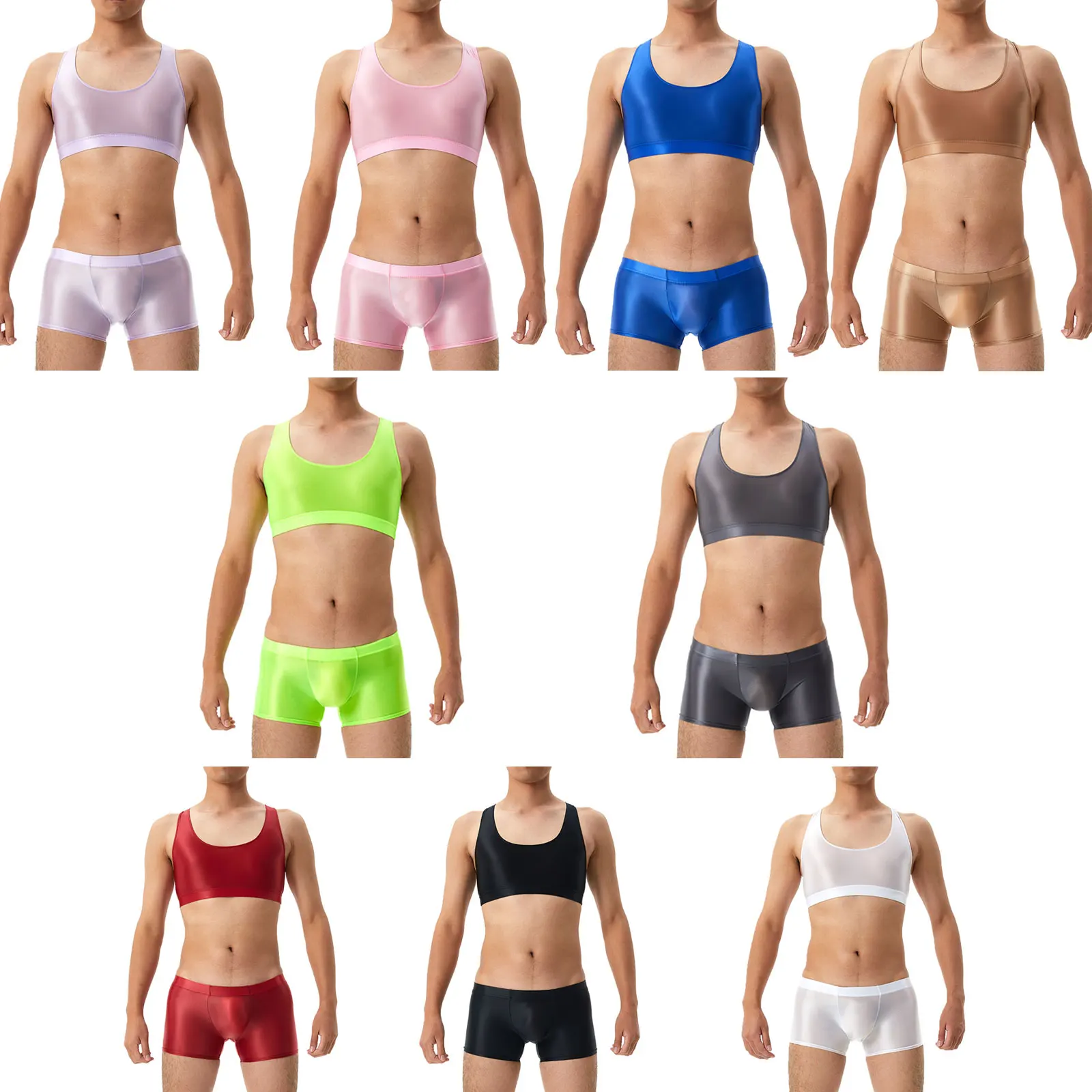 Ensemble de maillot de bain brillant pour hommes, haut court à dos nageur avec ceinture élastique, boxer, slip, sous-vêtements pour l'entraînement de natation, fibrU Neck Racerback