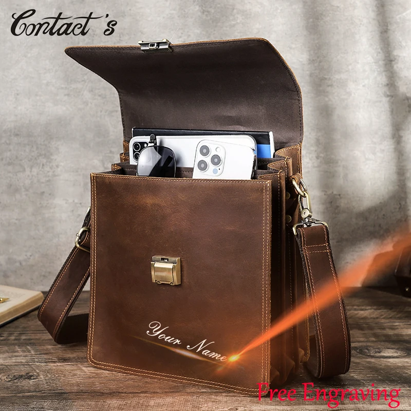 CONTACTS Luxury Men Genuine Leather Shoulder Bag for iPad 11\'\' Password Lock Designer Bags Crossbody Messenger Causal Handbag