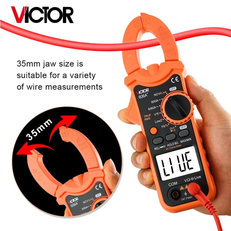 

Victor Digital Clamp Meter Ammeter ACV/DCV ACA Range Measurement of Large Capacitance NCV Flashlight With Carrying Bag VC606