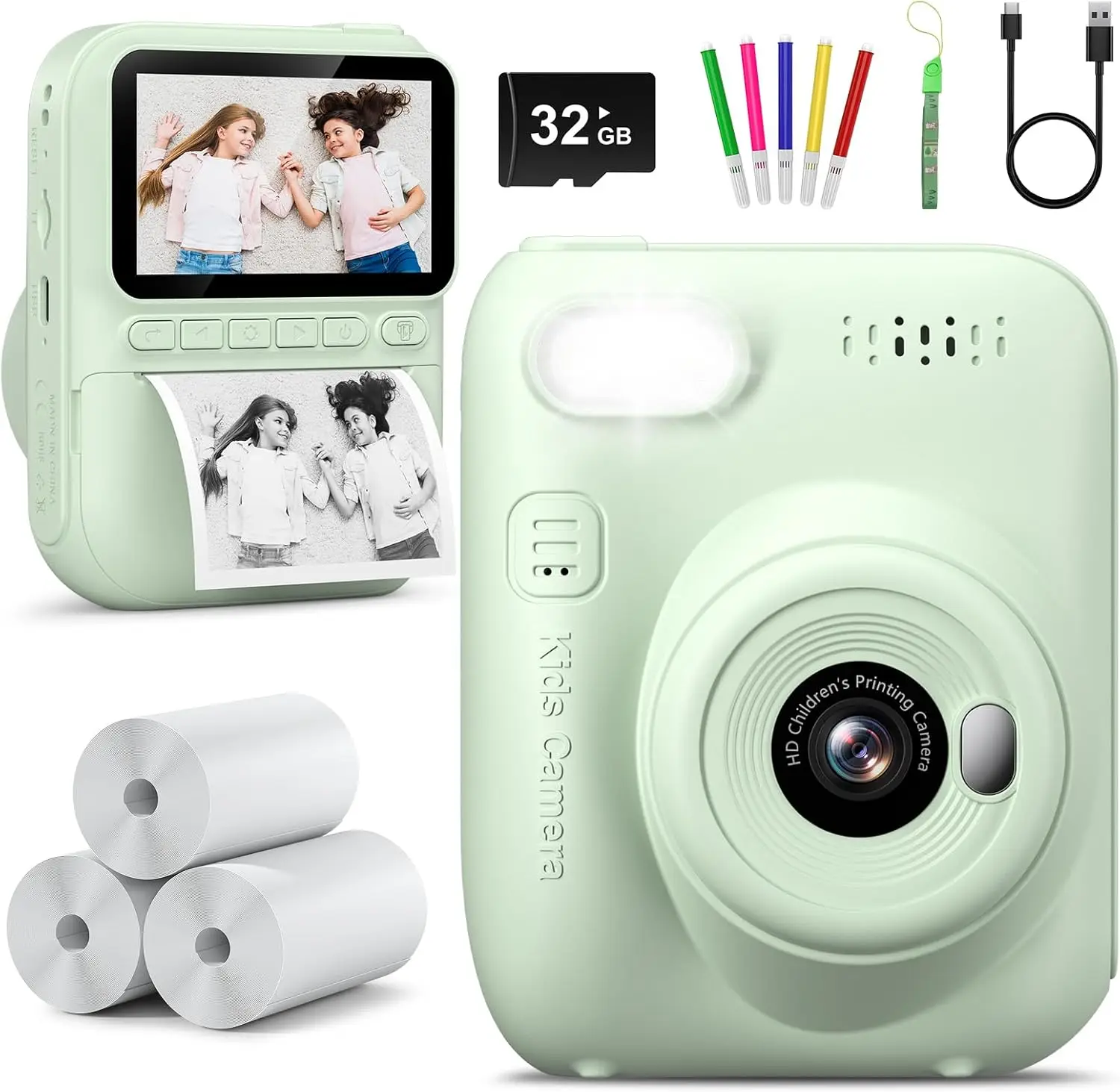 Instant Print Kids Camera, Portable Digital Camera for Toddlers, Birthday Graduation Gift for Kids Ages 3-12, Outdoor Travel Toy with Photo Printing for Boys Girls, Green