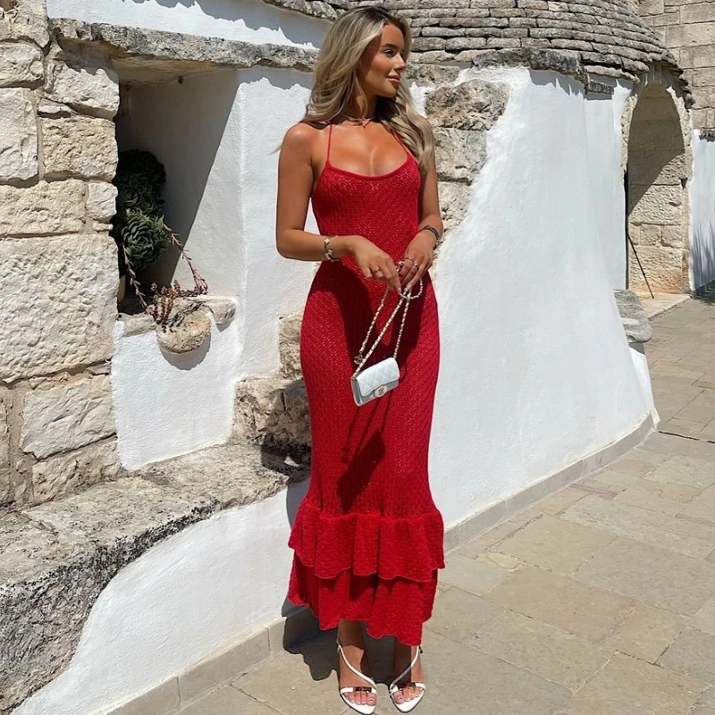

TARUXY Knitted Fungus Sling Dress Women's Solid Hollow Out Sleeveless Slash Neck Dress Sexy Slim Summer Beach Vacation Clothing