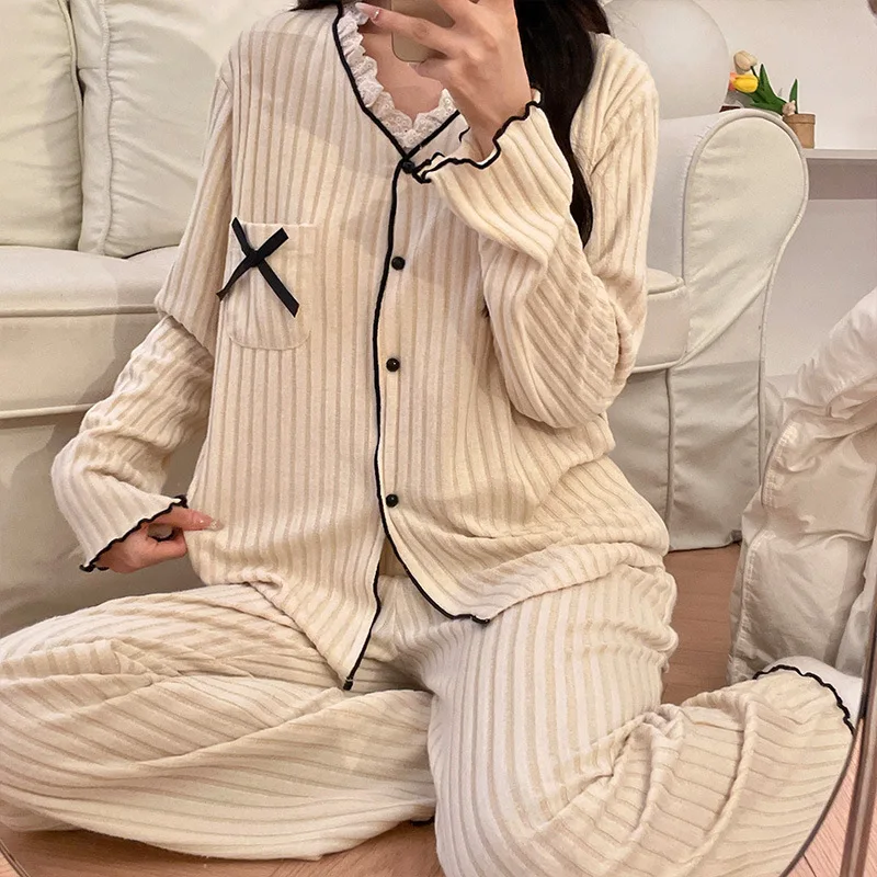 أطقم بناطيل بأكمام طويلة أطقم بيجامات قطنية كورية للخريف والشتاء بيجامات نسائية تقدم جديدة ملابس نوم نسائية بدلة منزلية #2