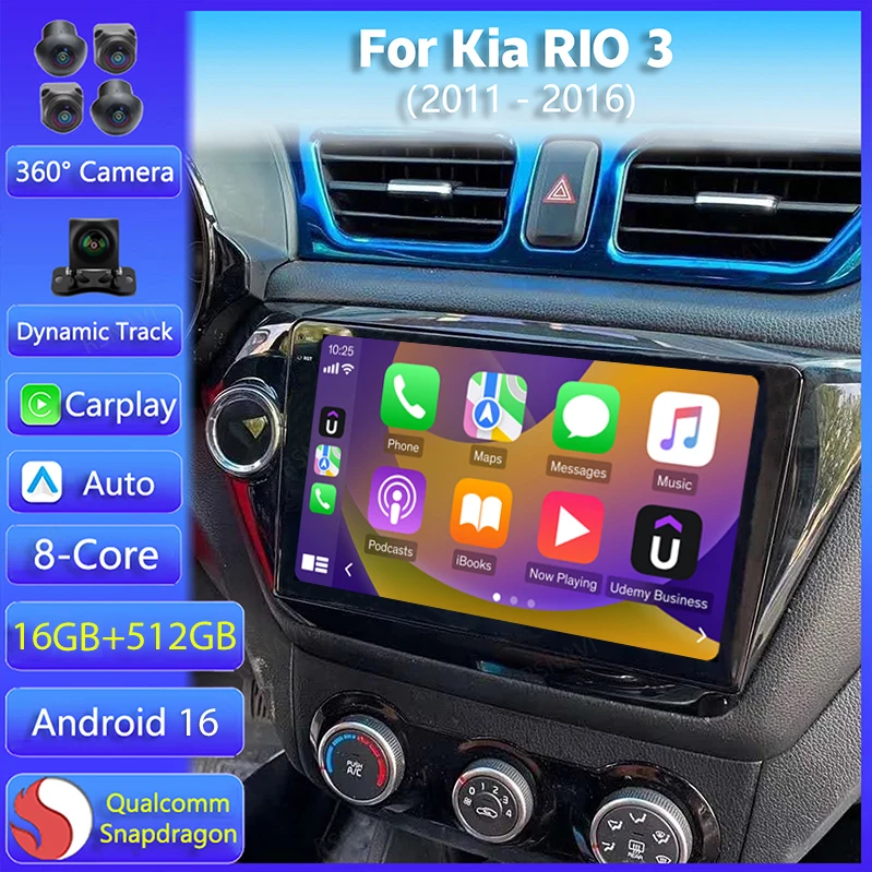 Radio Multimedia para Auto con Android 16 y Carplay para Kia RIO 3 2011 2012 - 2016, Reproductor con Pantalla 2K, Video, WIFI+4G, DSP Estéreo Inalámbrico